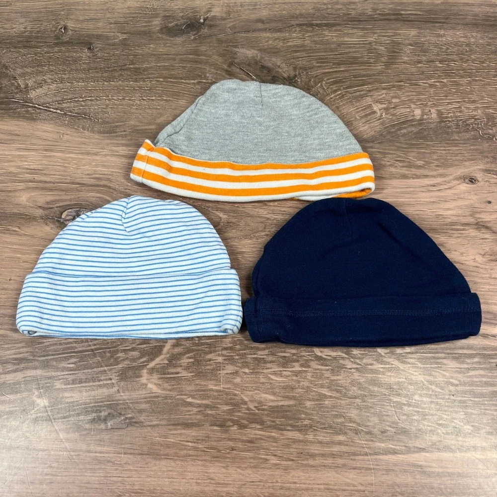 Disney Carter's Gerber Beanie Lot Kids NB 0-6M Blue Gray Striped Baby Hat 3pk